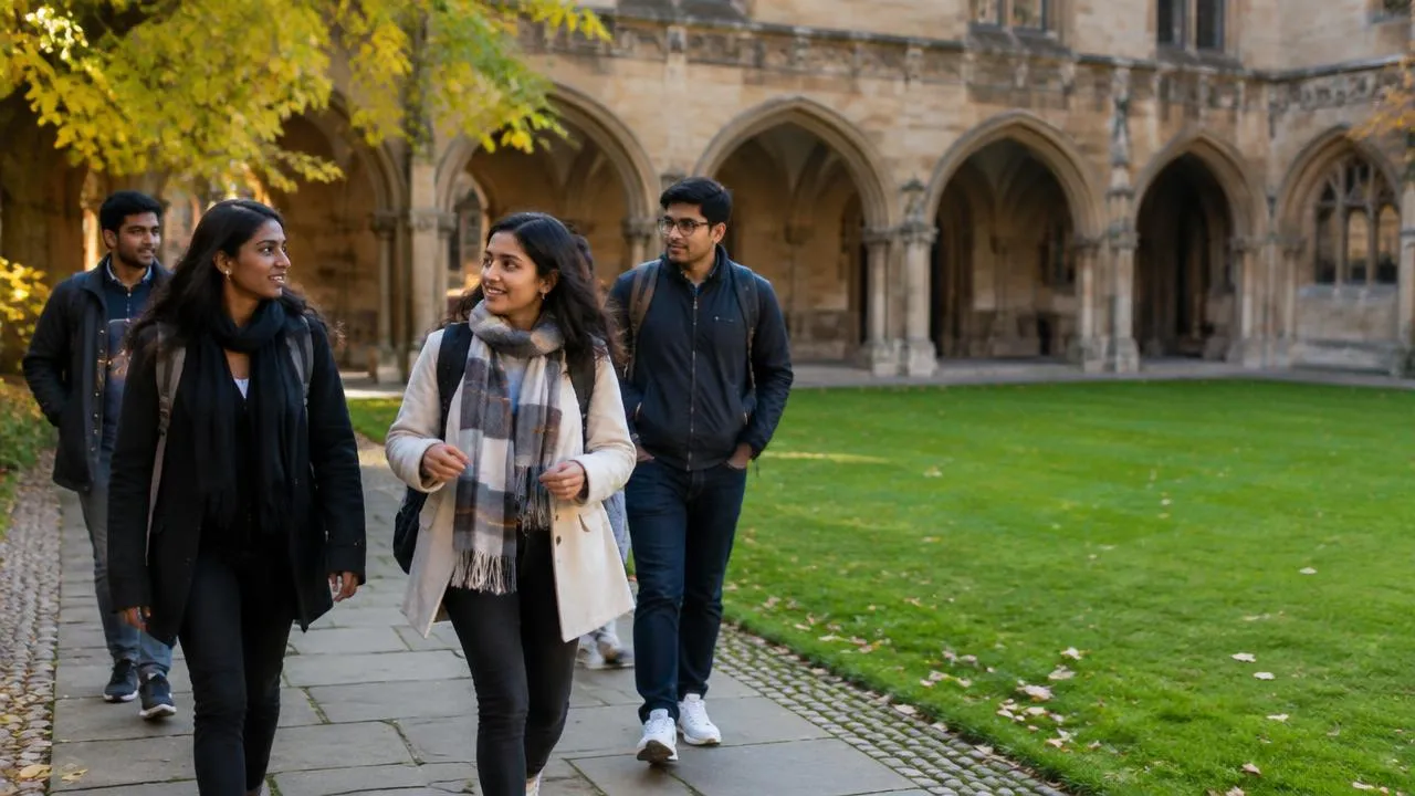 Pakistani students walking through a historic European university courtyard in autumn