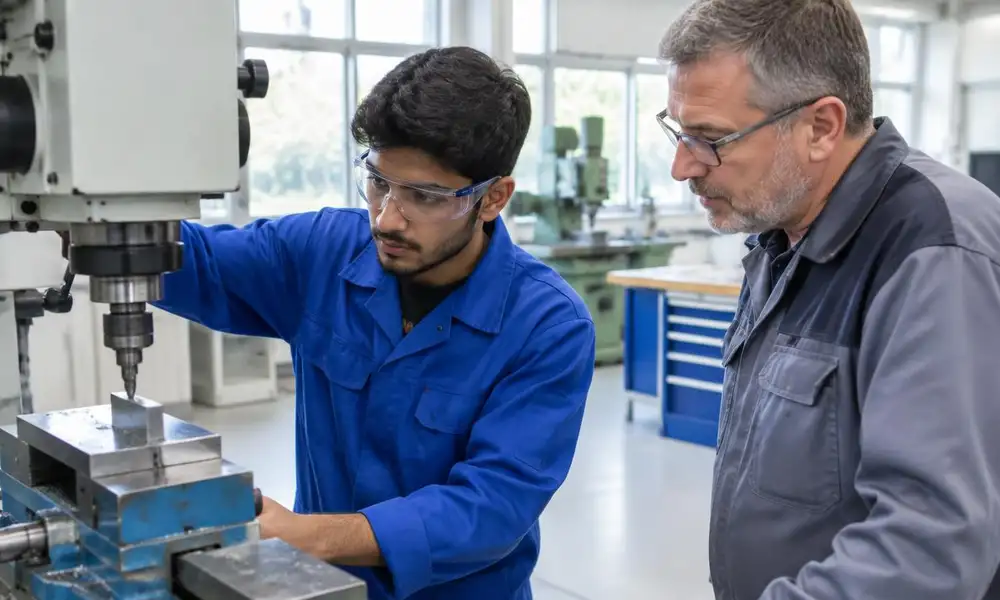 Pakistani trainee using a machine in a German workshop beside his instructor