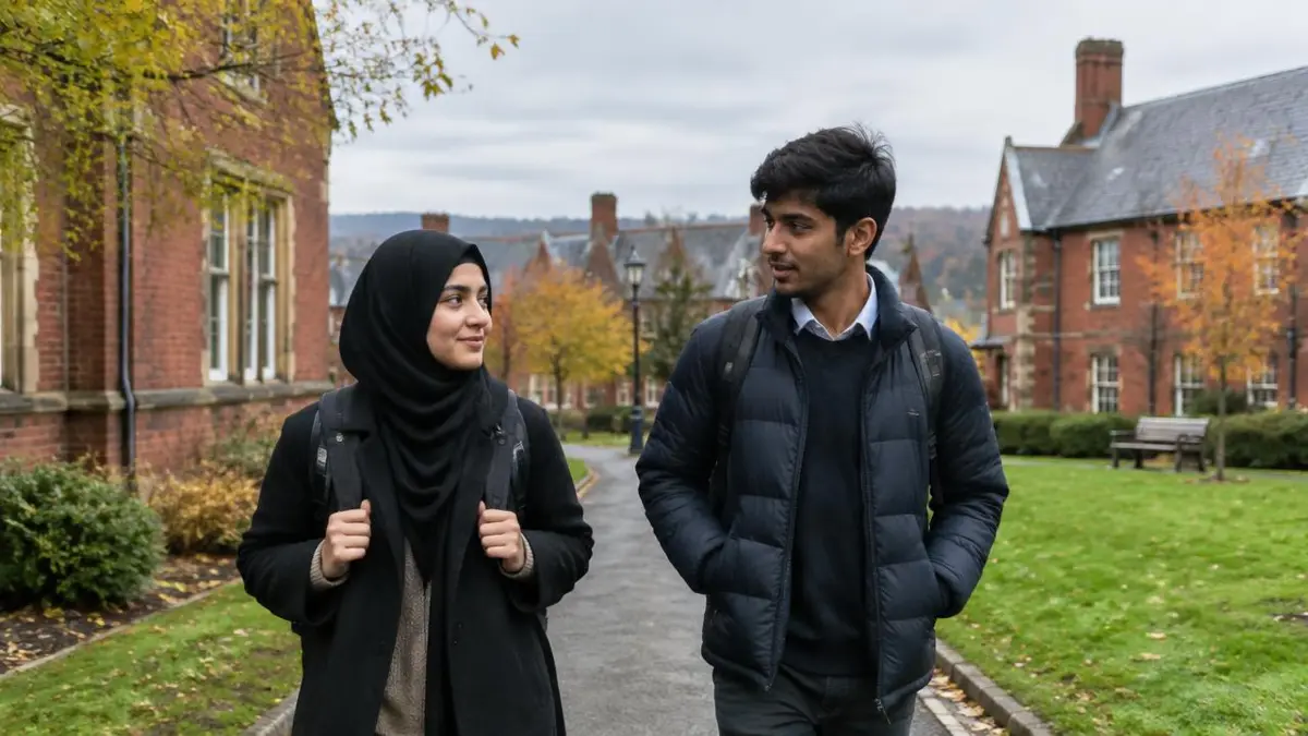 Pakistani students walking past red-brick buildings on a small UK campus