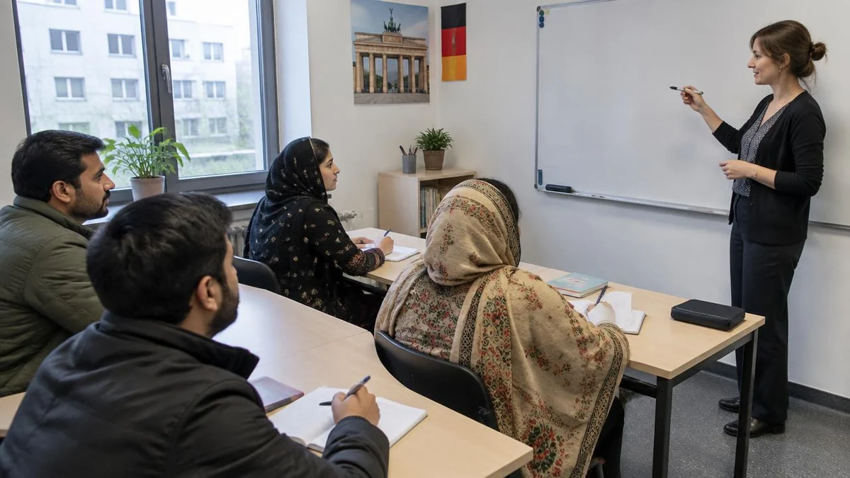 Students learning basic German words in a language classroom in Pakistan