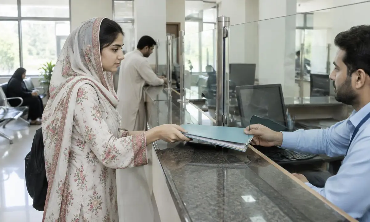 Student handing a document folder to a clerk at a police service centre