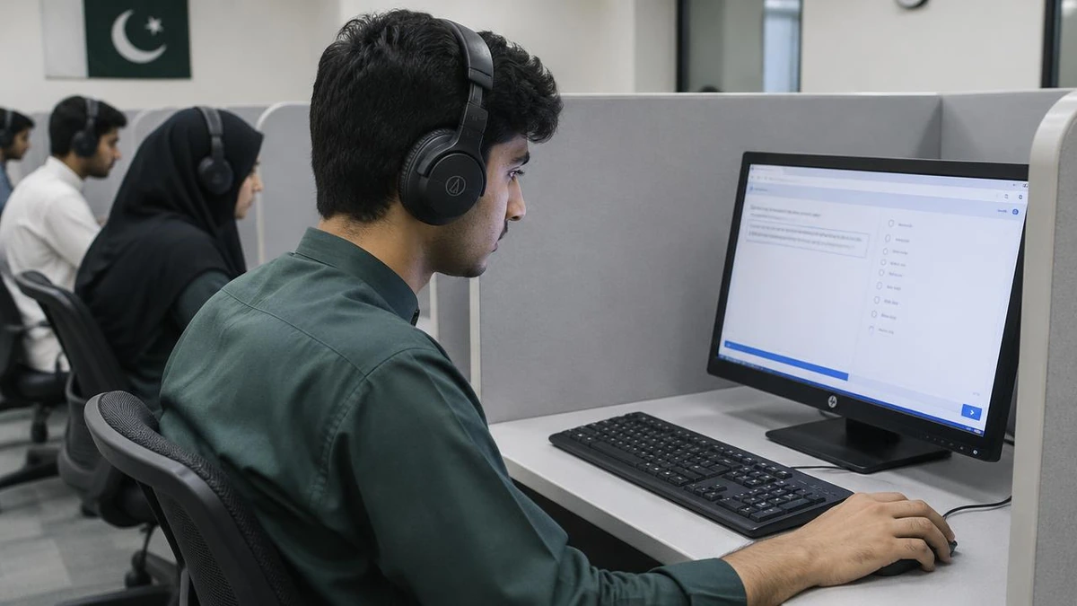 Student preparing for an English test with headphones and practice papers