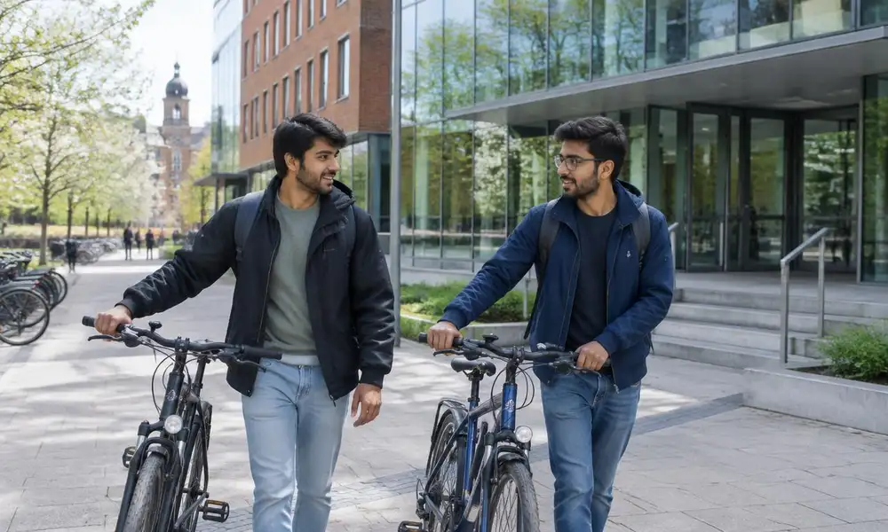 Two Pakistani students walking bicycles past a public university building in Germany