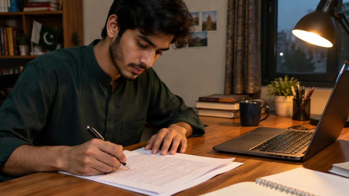 Student and counsellor reviewing a statement of purpose draft at a desk