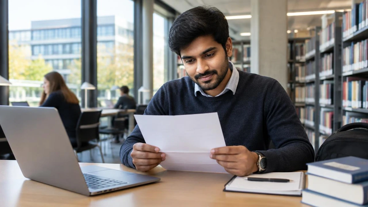 Scholar studying among bookshelves in a quiet German university library