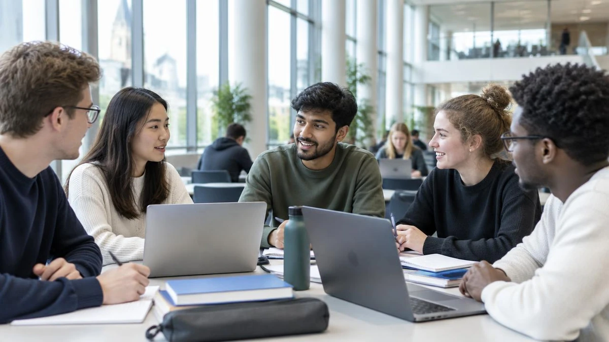 International Erasmus Mundus students talking together on a European campus