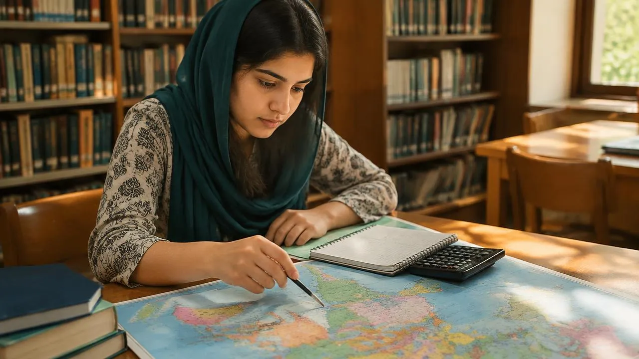 Pakistani student comparing tuition-free study countries on a world map in a library