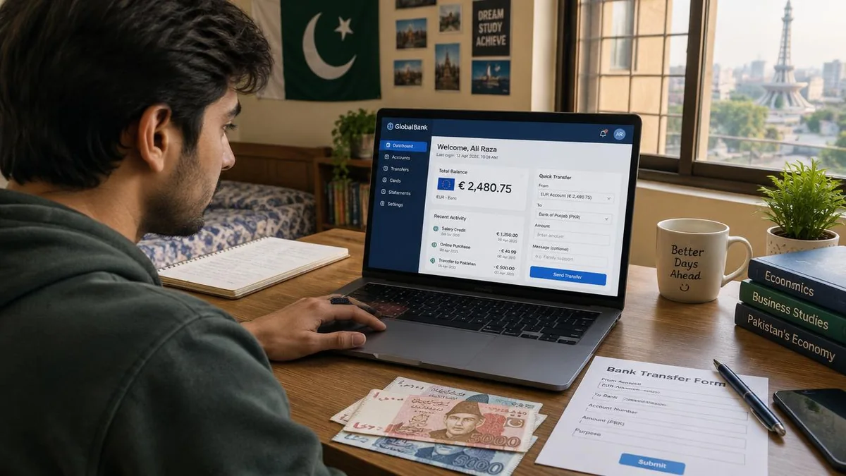 Pakistani student opening a German blocked account online on a laptop
