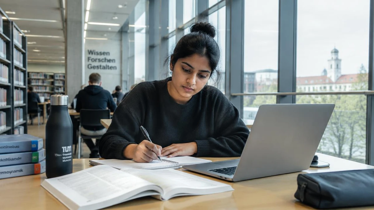 Pakistani student preparing a uni-assist application for a German university in a library