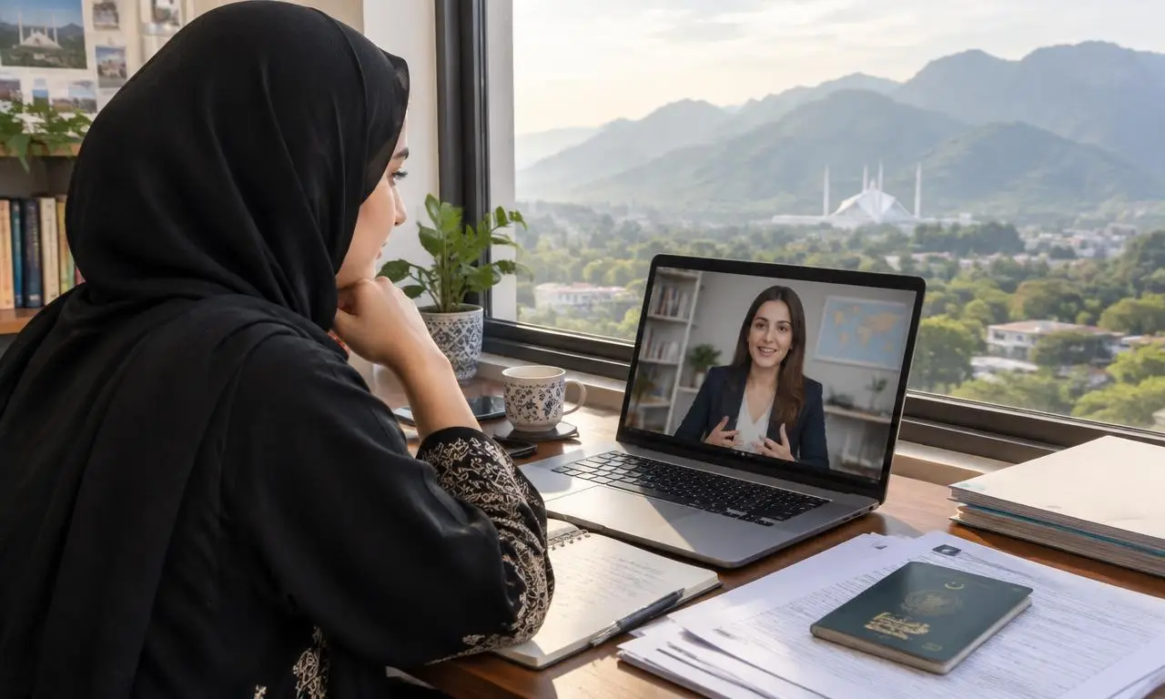Islamabad student on a free online video call with a study abroad consultant, passport on desk