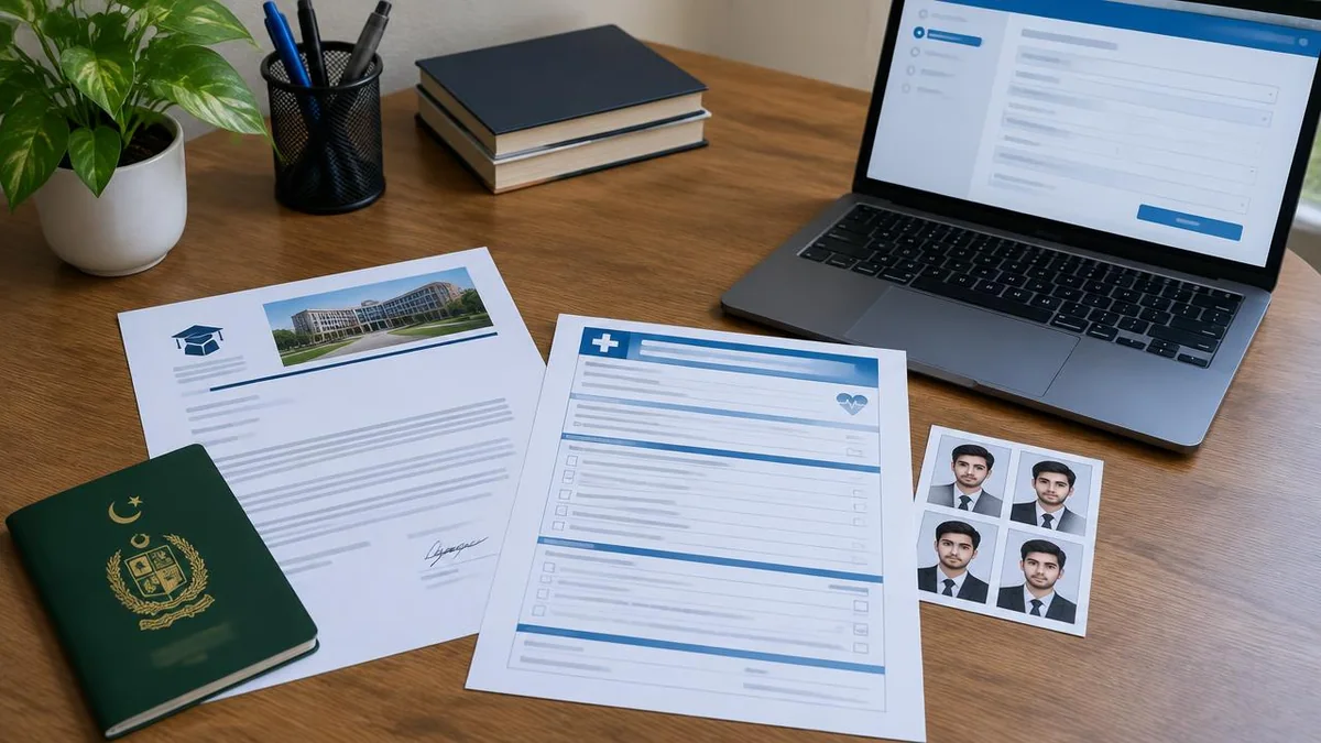 Pakistani passport, offer letter and health declaration form prepared for a Malaysia student visa