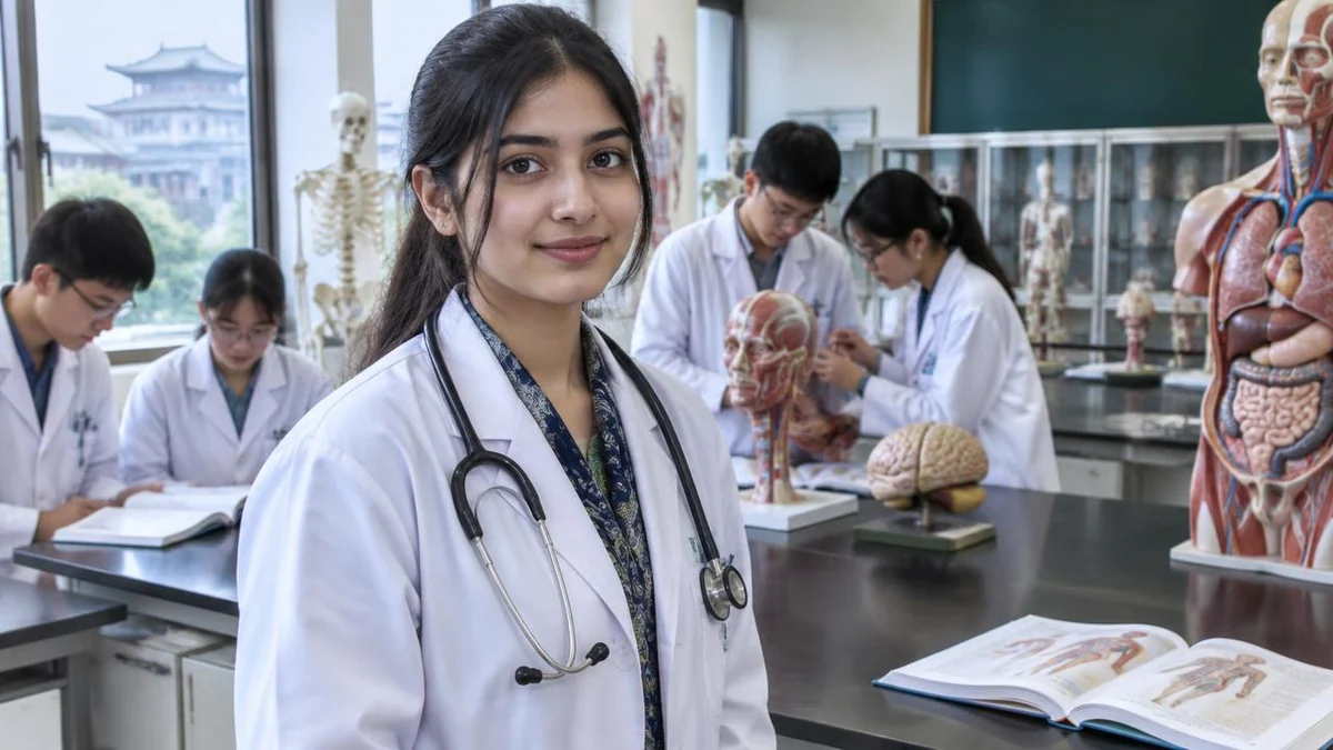 Pakistani MBBS student in a white coat inside a Chinese anatomy lab