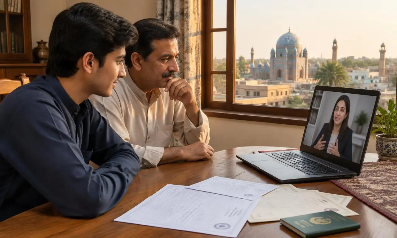 Multan student on a free online video call with a study abroad consultant, passport on desk