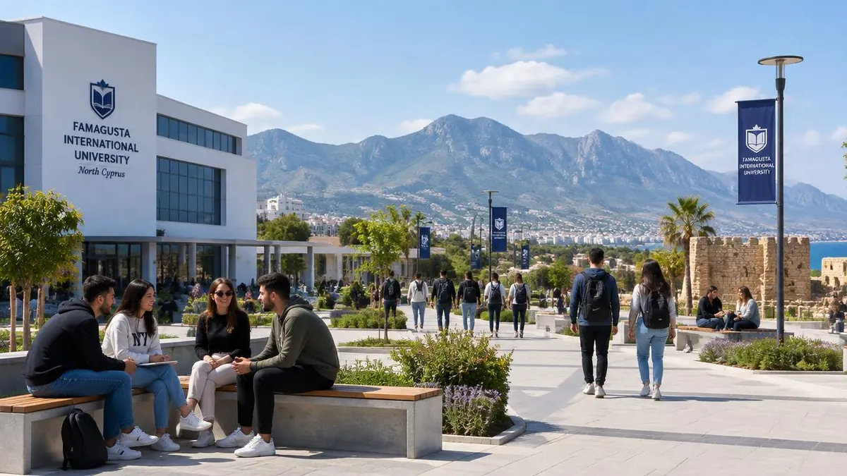 Students outside a university campus in Famagusta, North Cyprus