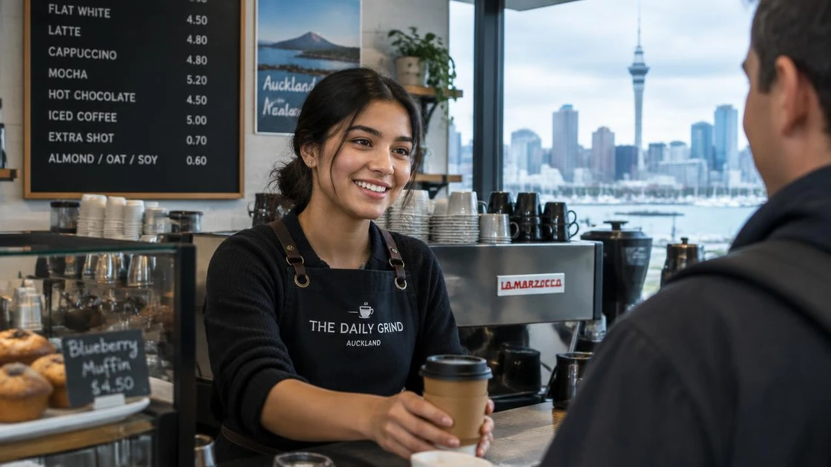 International student working a part-time café job in Auckland, New Zealand