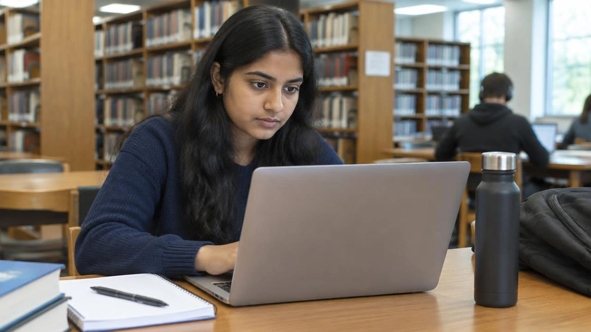 Student writing a New Zealand university scholarship application in a library