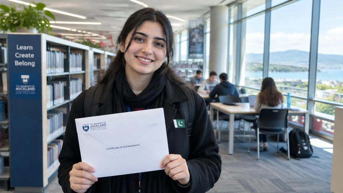 Smiling international scholarship student standing on a New Zealand campus