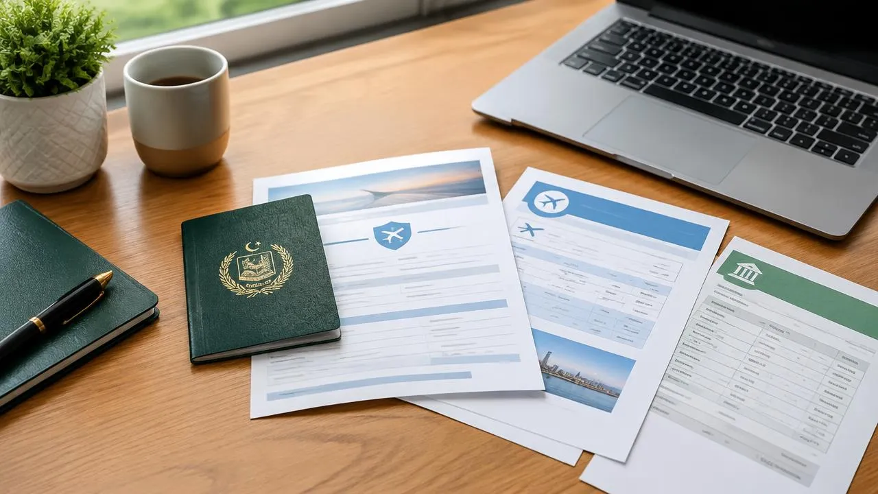Pakistani passport, travel insurance and bank statement prepared for a Schengen visa application
