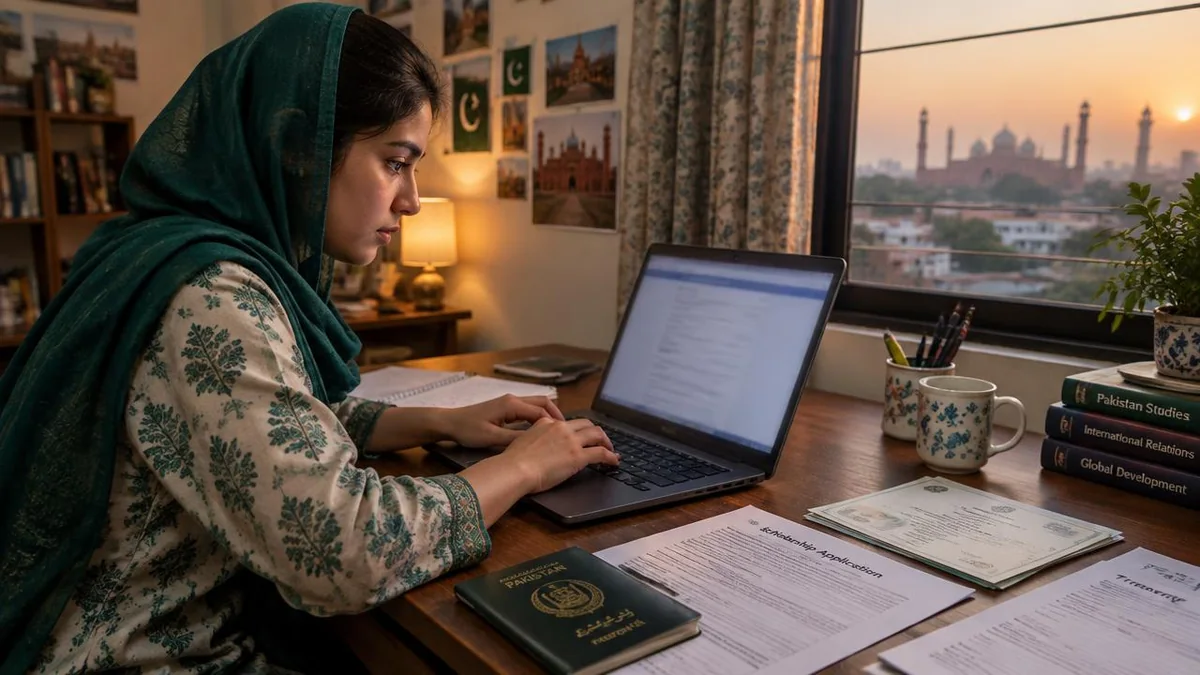 Pakistani student filling the Türkiye Bursları application form on a laptop