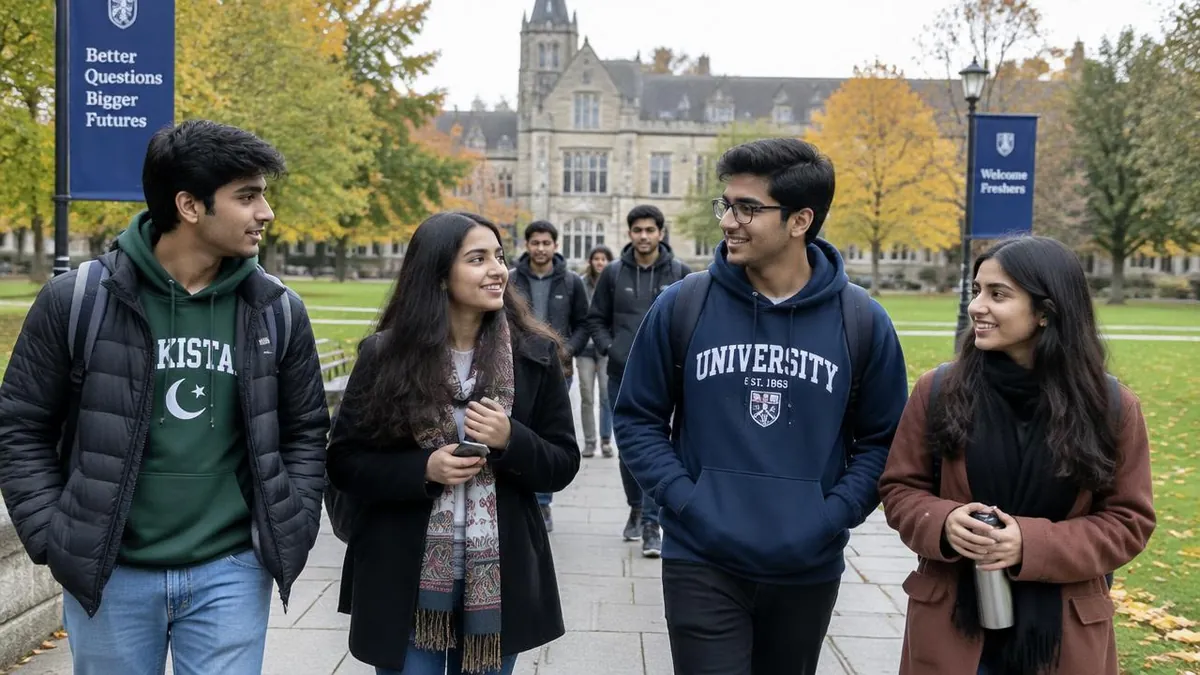 Pakistani first-year undergraduate students on a UK university campus in autumn