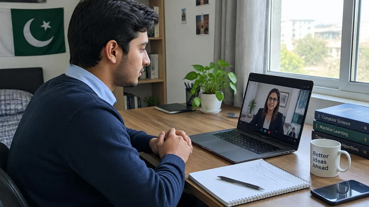 Pakistani student answering UK credibility interview questions on a video call at home