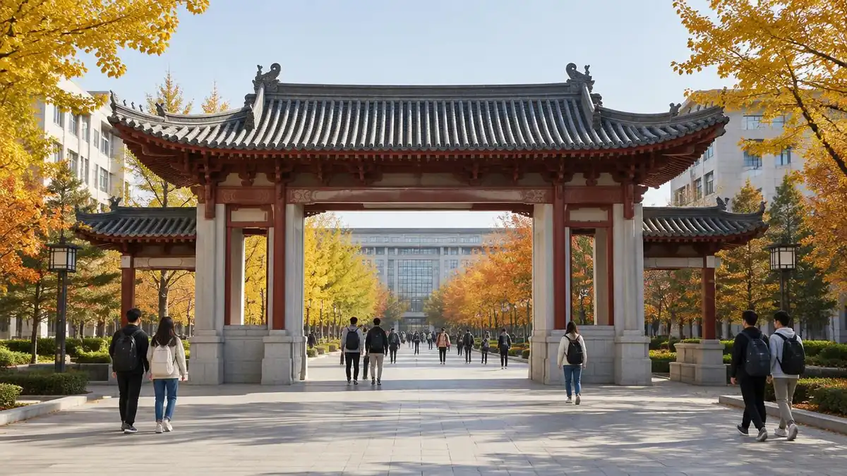 Students walking through a modern Chinese university campus gate in autumn